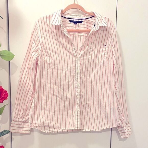 🌷 Tommy Hilfiger🌷Red Pink & White Striped Button Down Shirt   - Picture 7 of 8
